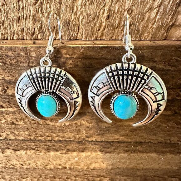 Turquoise Stone Bohemian Vintage Squash Droplet Dangle Earrings with Gift Box - Picture 2 of 8